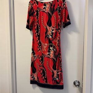 Style & Co Red and Black Casual Midi Dress with Crew Neck